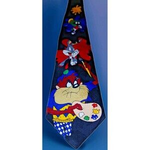 VTG 90s Looney Tunes Tie Taz Bugs Bunny Marvin Martian Art Cartoon Neck Tie MINT